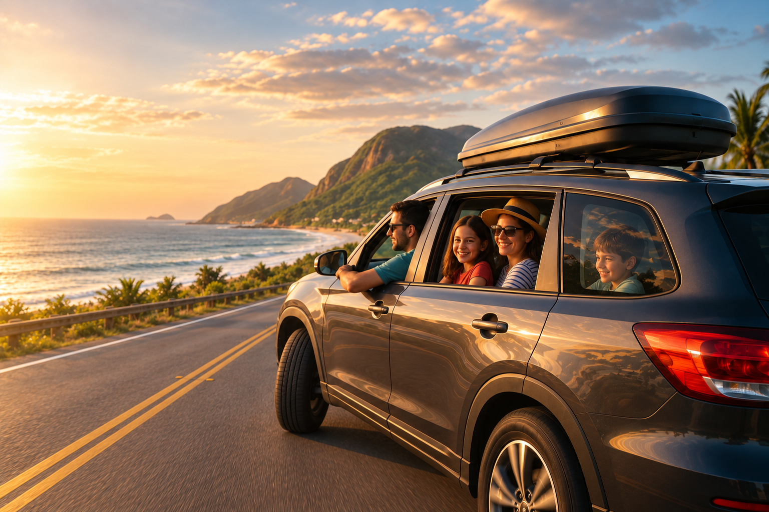 Familia viajando en auto por una ruta costera de Brasil